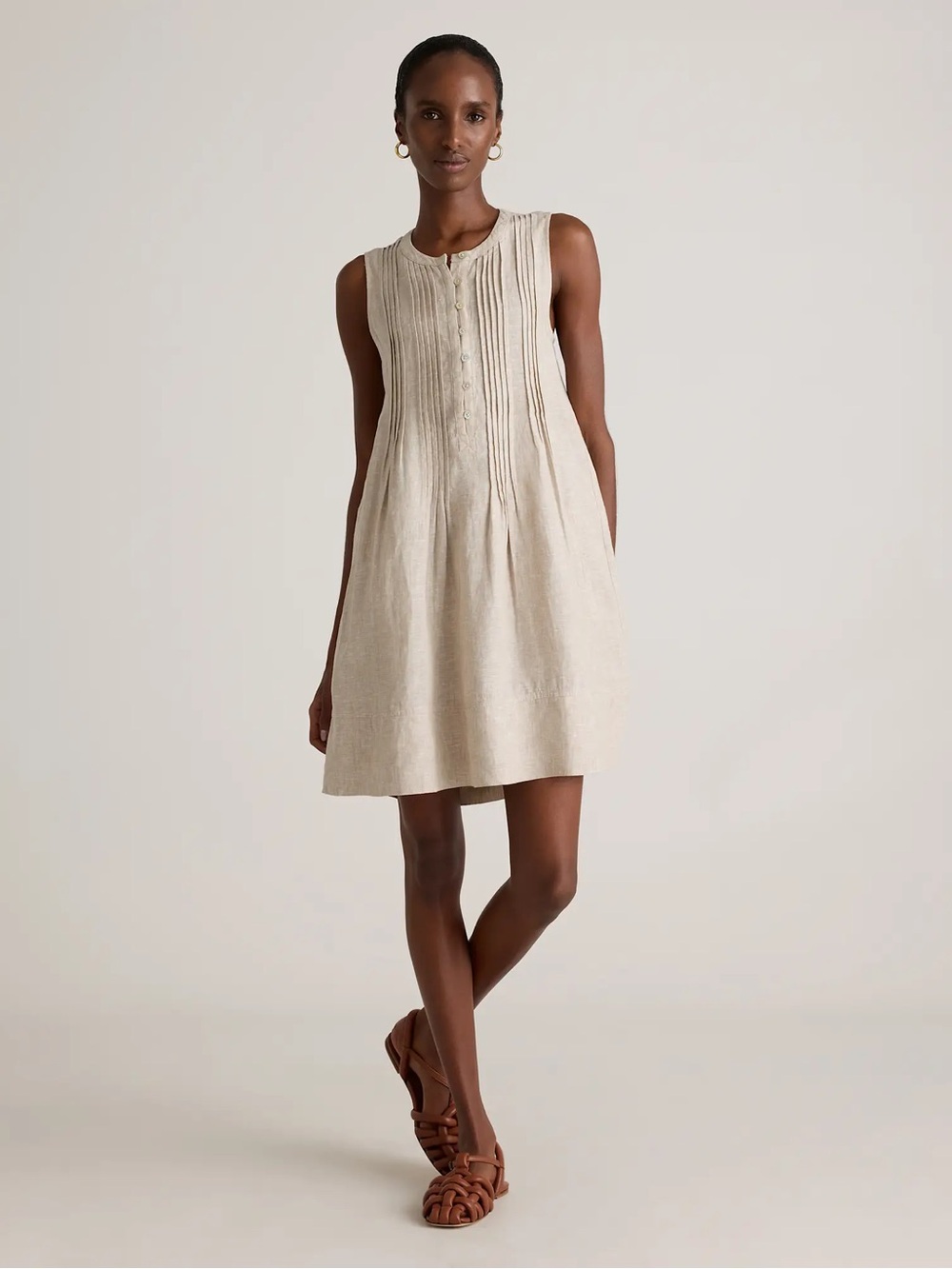 Quince Beige Sleeveless Pintuck Linen Mini Dress